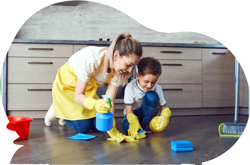 Mother and son are cleaning the apartment